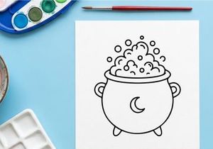 Witch cauldron icon with bubbling potion. Magic pot line art for Halloween design.