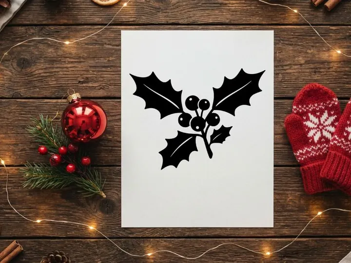 Black holly leaves and berries icon, Christmas holiday vector illustration design element.