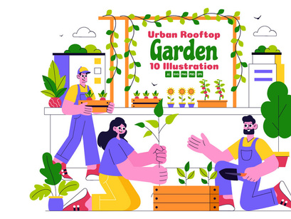 10 Urban Farming Rooftop Garden Illustration