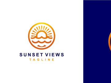Retro sunset over the sea or ocean with sun silhouette. Vintage summer style. Sun ocean logo design inspiration. Vector illustration. preview picture