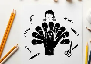 Child behind a silhouette turkey craft with art supplies