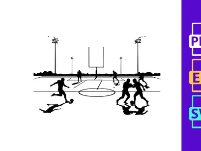 Black and white illustration of people playing soccer on a multi purpose sports field at night