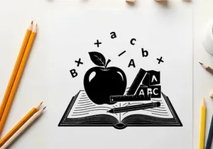 Silhouette of apple and books with floating alphabet silhouette
