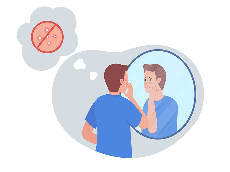 Teenage boy upset over acne 2D vector isolated illustration