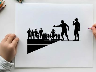 Silhouette of a man guiding children in a soccer game with coach