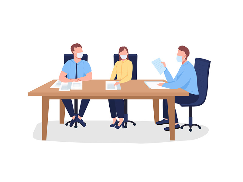 Business people in face mask sitting at table flat color vector faceless characters