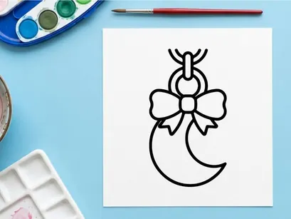 Hand-drawn crescent moon and star pendant necklace charm. Minimalist black line art jewelry illustration for Halloween or celestial designs.