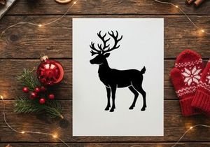 Black silhouette of a reindeer with large antlers isolated on a white background.