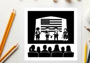 American patriotic silhouette of people watching founding fathers