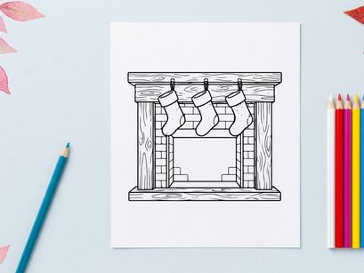 Hand drawn illustration of a fireplace with hanging stockings