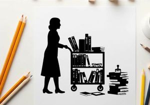 Silhouette of woman pushing book cart with many books