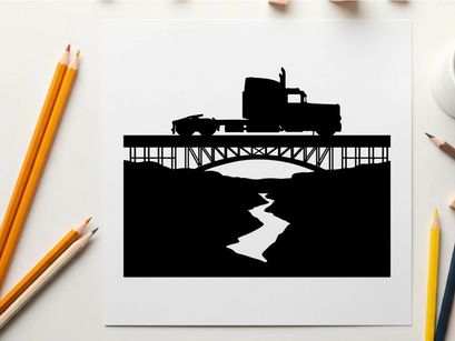 Truck crossing bridge in silhouette against white background