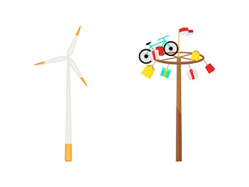 Wind turbine and greasy pole flat color vector objects set preview picture