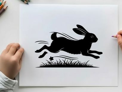 Silhouette of a running rabbit in the grass field silhouette