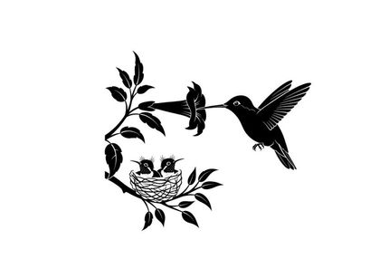 Silhouette of hummingbird feeding young in nest on branch