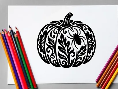 Ilustrasi Labu Halloween yang Rumit dengan Detail Bunga dan Daun