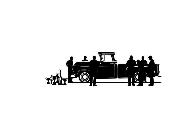 Silhouette of people standing around a classic pickup truck