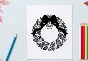 Ilustración de corona navideña dibujada a mano con lazo rojo y ramas de pino festivas