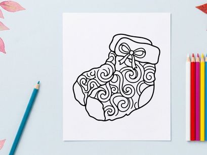 Hand-drawn Christmas gift box with ornate bow and festive swirl patterns for holiday decor