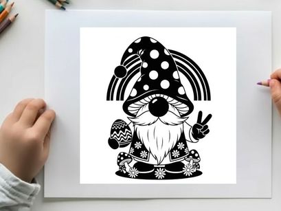 Silhouette of a whimsical gnome with mushroom hat and peace sign silhouette