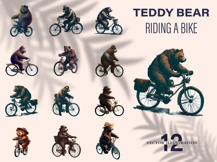 Vintage Bear riding a bike in floral countryside road, isolated in white background.