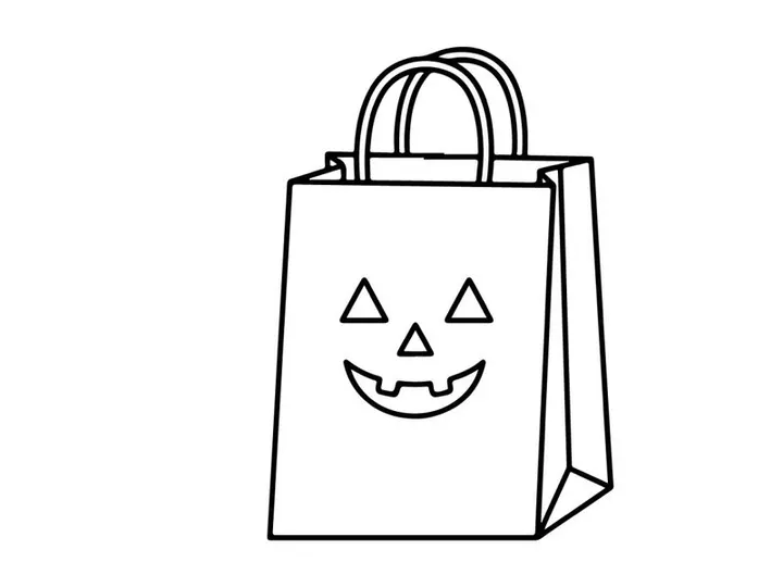 Tas belanja wajah labu Halloween terisolasi di latar putih. Tote trick-or-treat seram dengan desain jack-o-lantern untuk promosi ritel musiman.