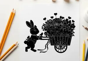 Silhouette of a bunny pushing a flower cart with heart shaped blooms