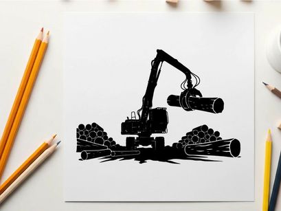 Silhouette of a mechanical logger with logs and a white background
