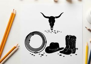 Western cowboy silhouette with bull skull and rodeo gear