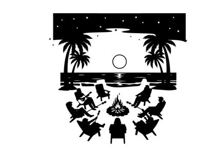 Silhouette of people gathered around campfire on beach at night