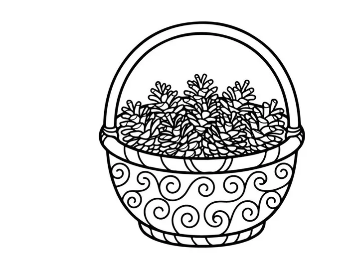 Line art illustration of a basket filled with pine cones