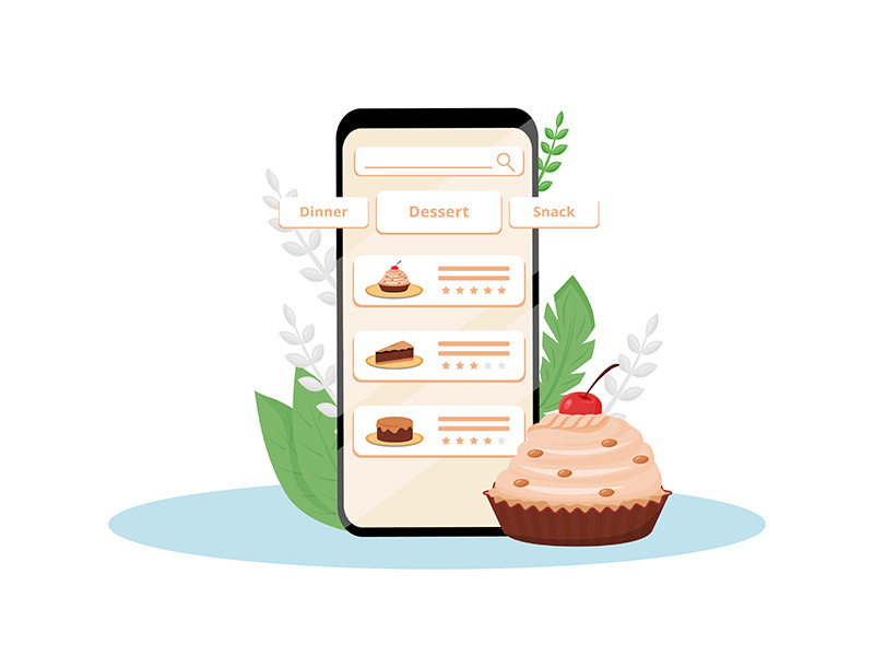 Online desserts quality assessment mobile application flat concept vector illustration