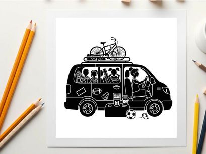 Family on road trip with bicycle on van silhouette