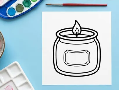Burning candle icon in a glass jar. Simple line art illustration of a lit scented candle.
