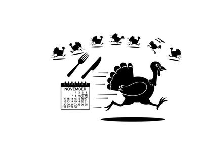 Black silhouette of a running turkey with utensils and calendar