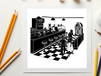 Black and white silhouette of a classic american diner interior scene