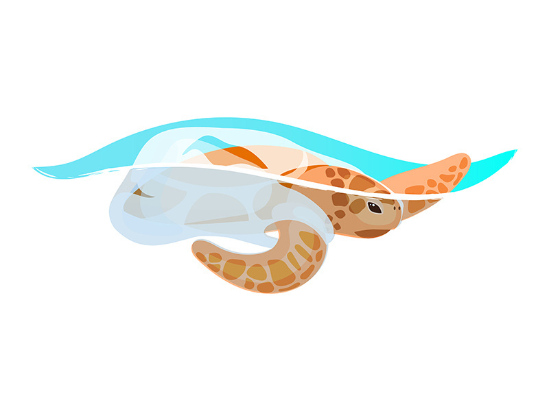 Turtle trapped in plastic garbage flat concept icon