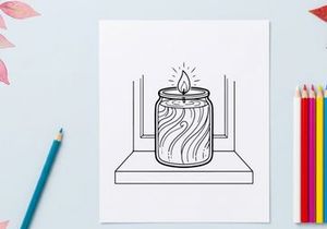 Line art illustration of a lit candle in a glass jar on a windowsill