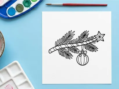 Ilustrasi hiasan dahan cemara, bintang, dan ornamen gantung bergaya tangan untuk karangan Natal