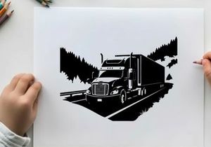 Semi truck silhouette driving on highway through mountains