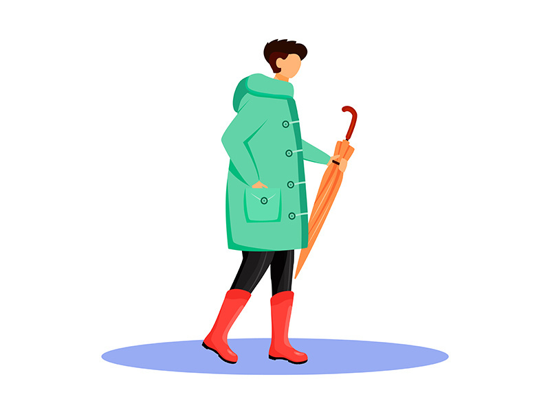 Man in raincoat flat color vector faceless character