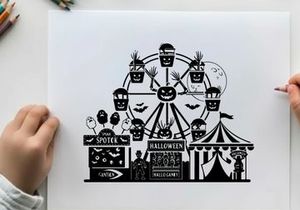 Halloween carnival silhouette with spooky ferris wheel and tents