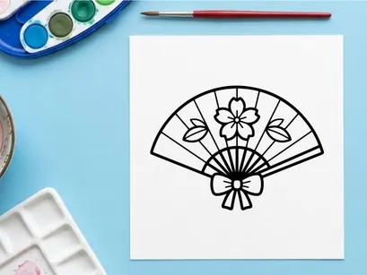 Hand-drawn paper fan with floral design. Elegant vintage illustration for decorative crafts and Asian-inspired art.