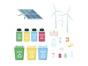 Eco friendly, sustainable lifestyle items flat color vector objects set preview picture