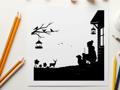 Silhouette of woman and dog by a house with birds