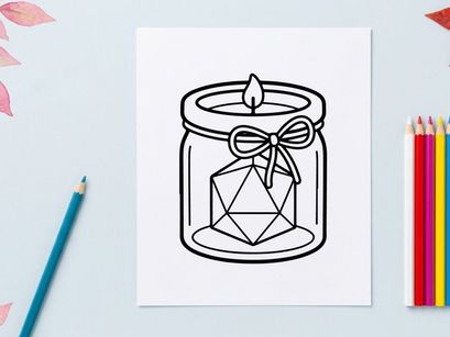 D20-Würfel in einer Glas-Glas-Kerze. Symbol für Brettspiele und Tabletop-RPG.