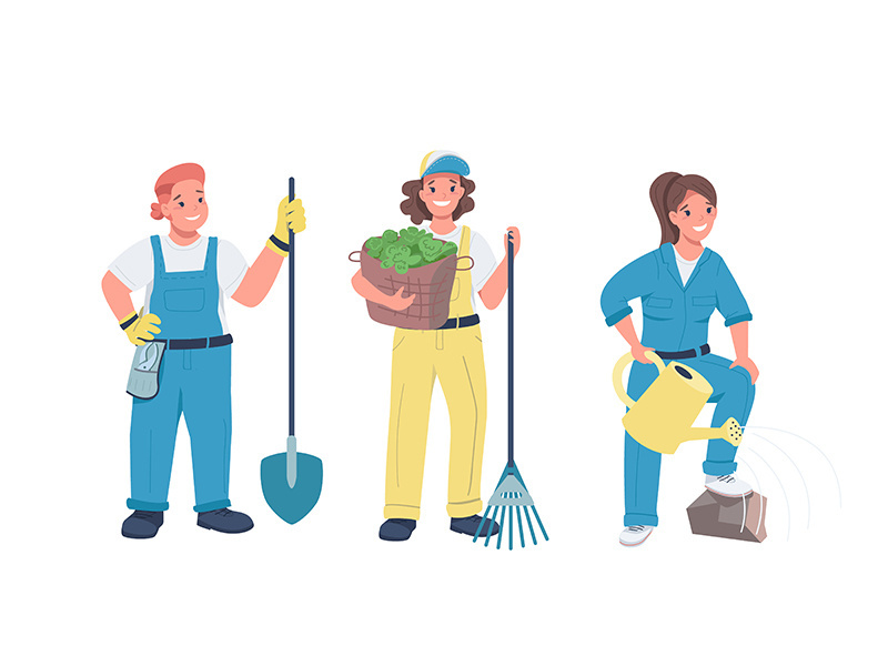 Women gardening flat color vector detailed characters set.