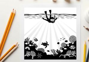 Silhouette of scuba diver exploring coral reef with sea turtle