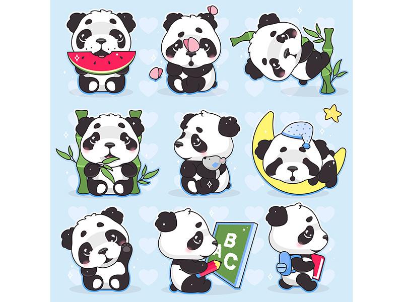 Cute panda kawaii cartoon vector characters set