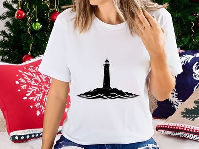 Classic Lighthouse on Rocky Shore with Waves Silhouette